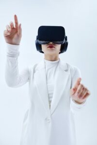ai Woman using VR headset, exploring technology in a white setting.