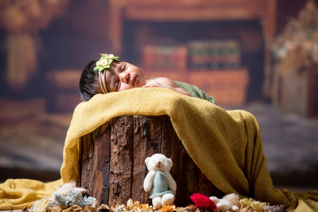 A serene newborn baby sleeps on a log surrounded by toys and soft fabrics in a cozy indoor setting.
